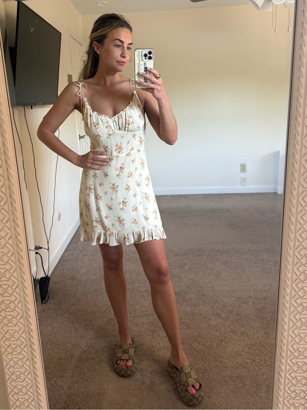 Reformation Cream Floral Mini Dress with Pink and Green Print